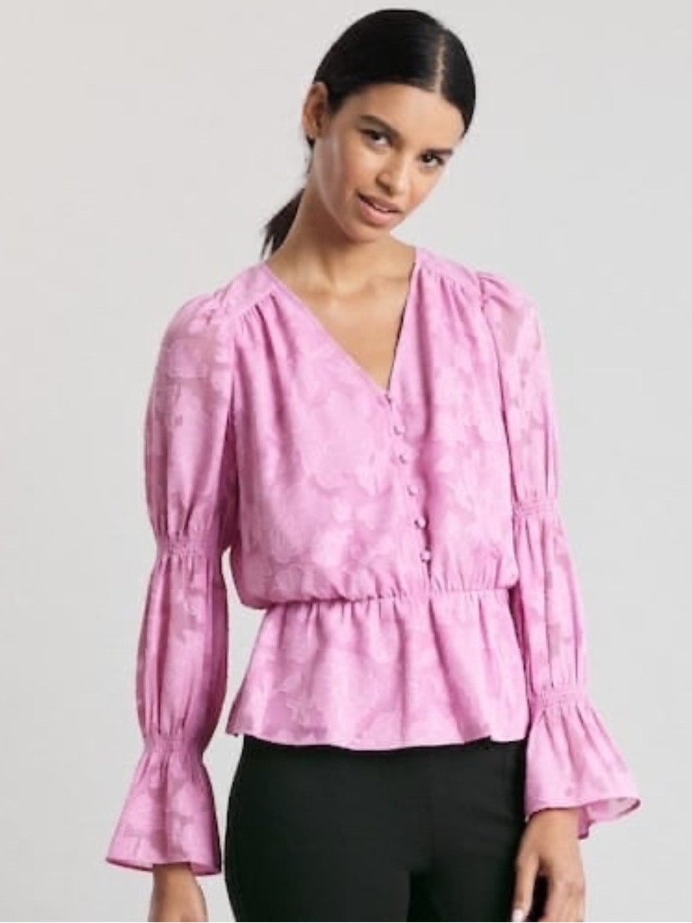 Elizabeth and James Pink V-Neck Peplum Button-Front Blouse